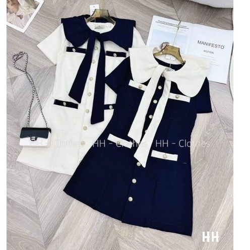 Váy nơ cổ viền khuy L1