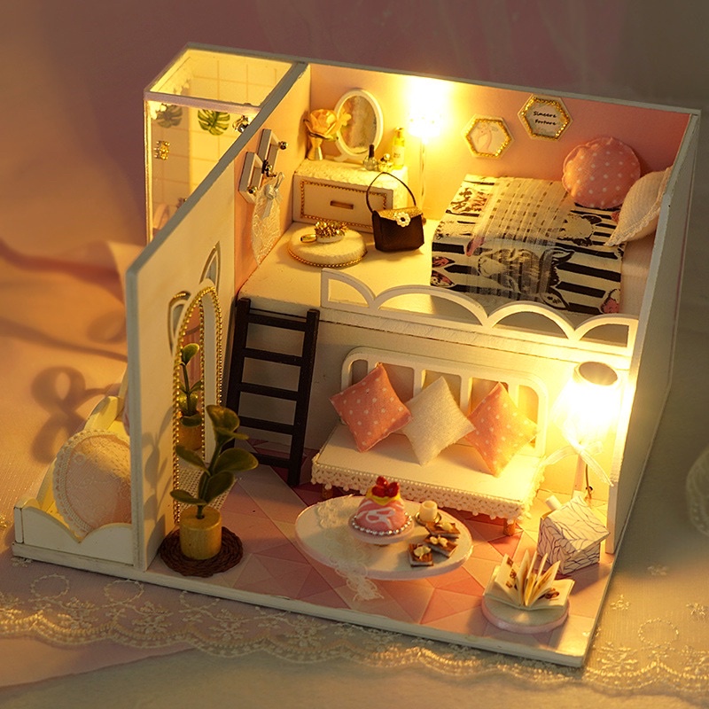 (Tặng mica,keo sữa,đèn)Mô hình đô chơi bé lắp ráp nhà búp bê diy doll house bằng gỗ TD22