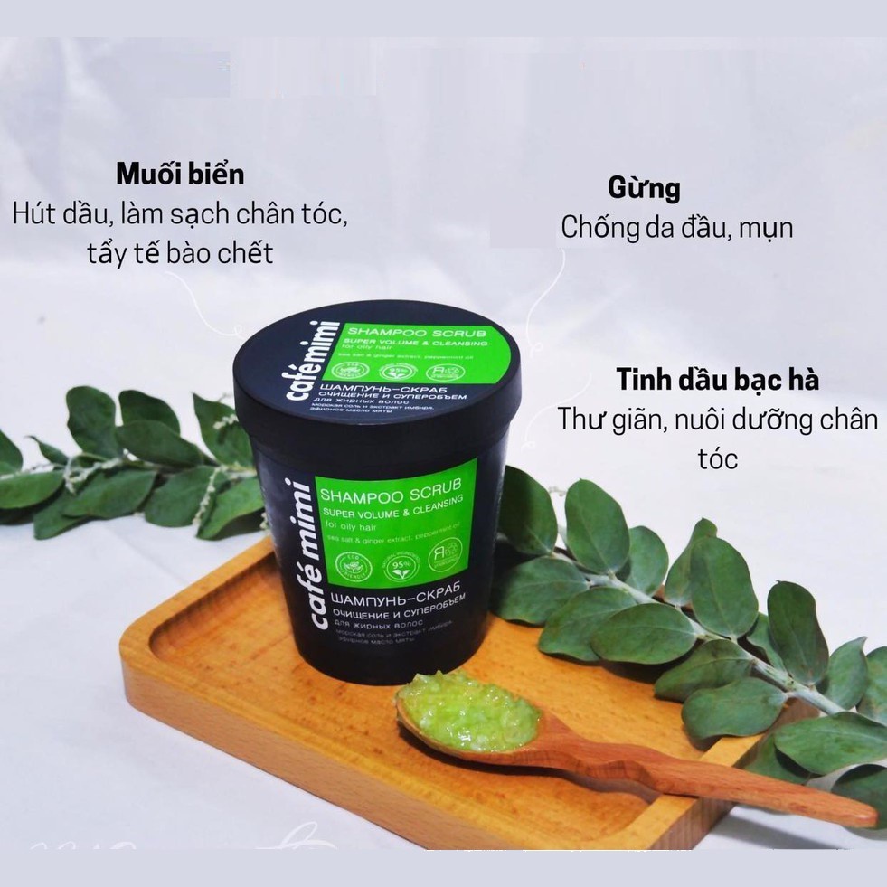 Dầu Gội Tẩy Tế Bào Chết Da Đầu Cafe Mimi Super Volume &amp; Cleansing Shampoo Scrub xanh lá 330g