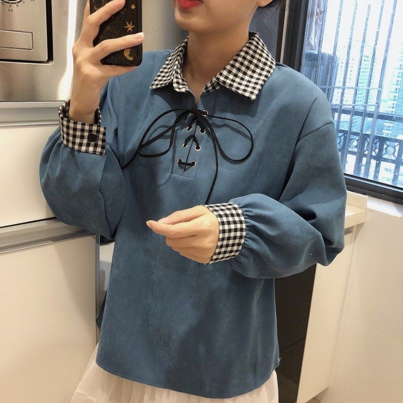 Áo polo Tay Dài Cổ Thắt Nơ Họa Tiết Caro Thời Trang Dành Cho Nữ