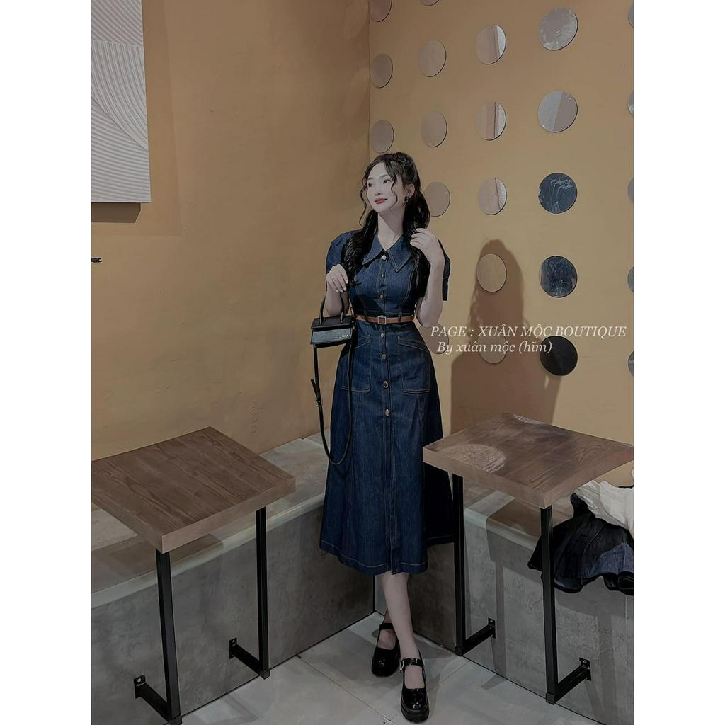 ĐẦM JEAN MIDI CỔ SƠ MI VIỀN CHỈ XẺ TÀ KÈM BELT