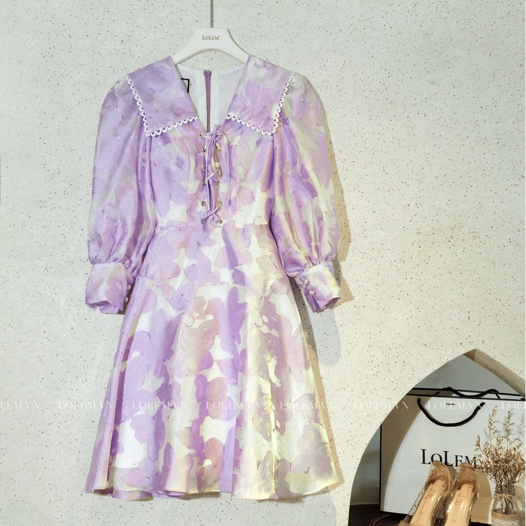 Đầm cổ vuông dáng xòe tơ hoa dài tay họa tiết sang trọng thời trang cao cấp LOLEM CLothing - Dx273