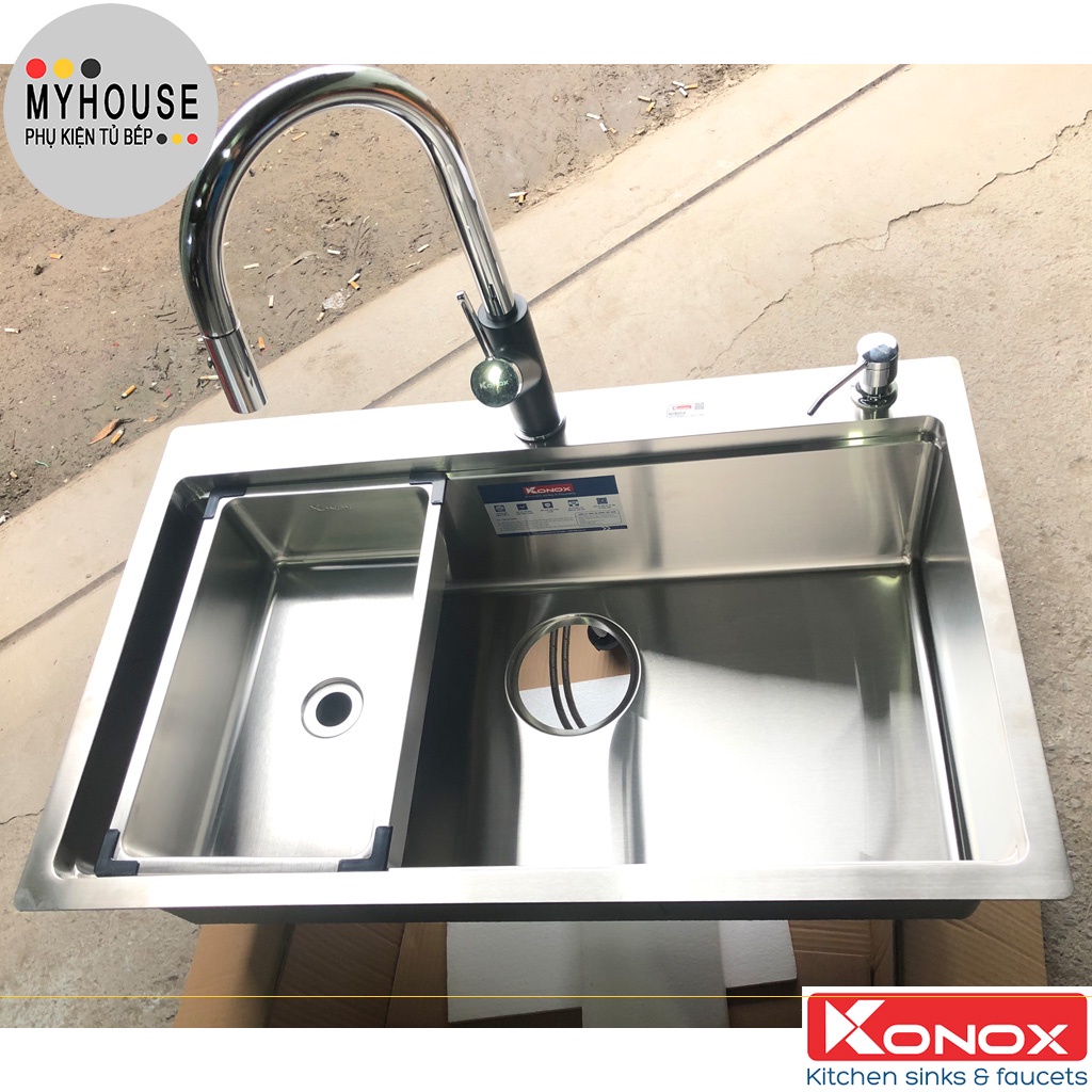 Chậu rửa bát 1 hố Konox KN8050TS, Bồn rửa chén lắp âm bàn đá kèm thớt, Rollmat Hoặc Chậu Nhỏ