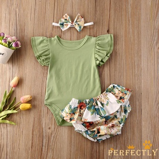 ✨Bộ Áo Liền Quần Nhún Bèo + Quần Short In Hoa Thời Trang Cho Bé Gái 0-18 Tháng Tuổi
