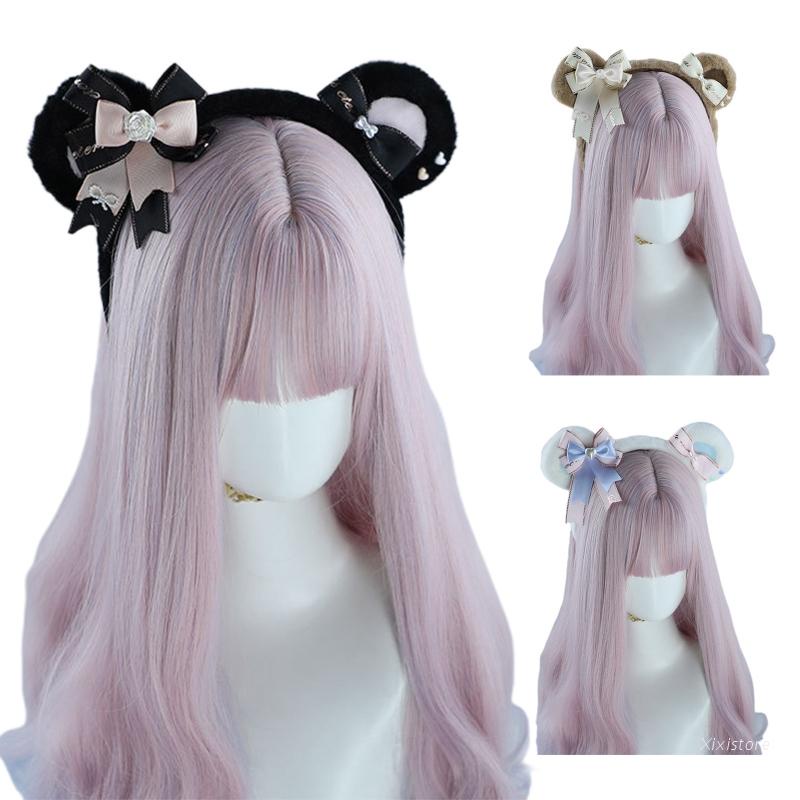 Cài tóc tai gấu đính hoa hồng phong cách Lolita xinh xắn