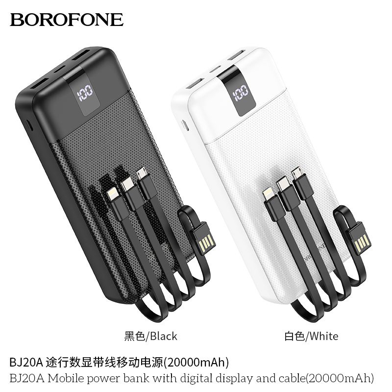 Pin sạc dự phòng BJ20-10000mAh / BJ20A 20000mAh có LED báo phần trăm Pin, tích hợp 4 đầu cáp đa năng với mọi điện thoại