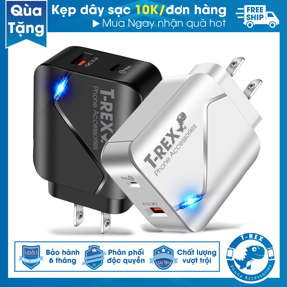 Củ Sạc Nhanh T-REX Led QC3.0 & PD Type-C 18W  Cao Cấp