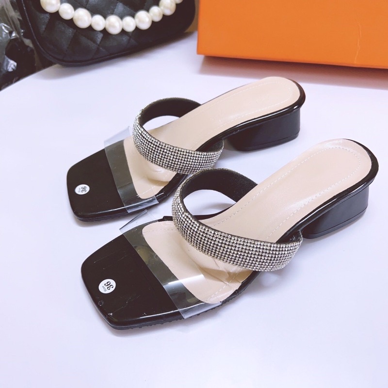 Bán Sỉ-Hàng Sẵn- Dép quai ngang trong phối quai đá sang chảnh gót 2cm