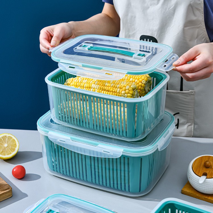Set 5 hộp đựng thực phẩm để tủ lạnh kèm rổ 2 lớp cao cấp nắp đậy 4 chiều an toàn vệ sinh có quai xách