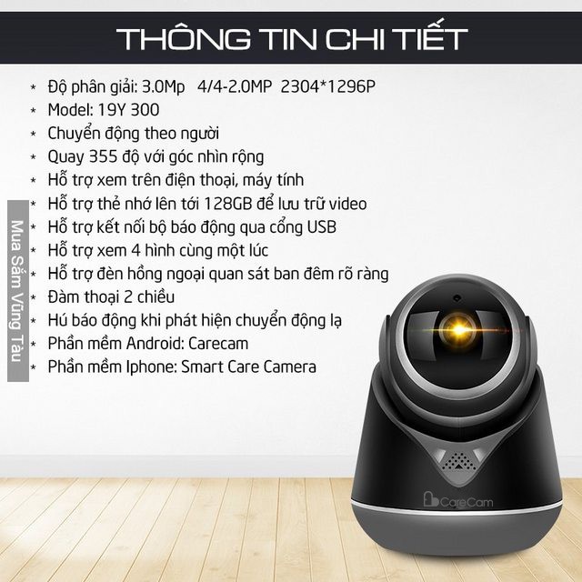 Camera ip wifi Carecam 3.0 Mpx Xoay 360° Cổng USB 4G - Thẻ Nhớ Chính Hãng