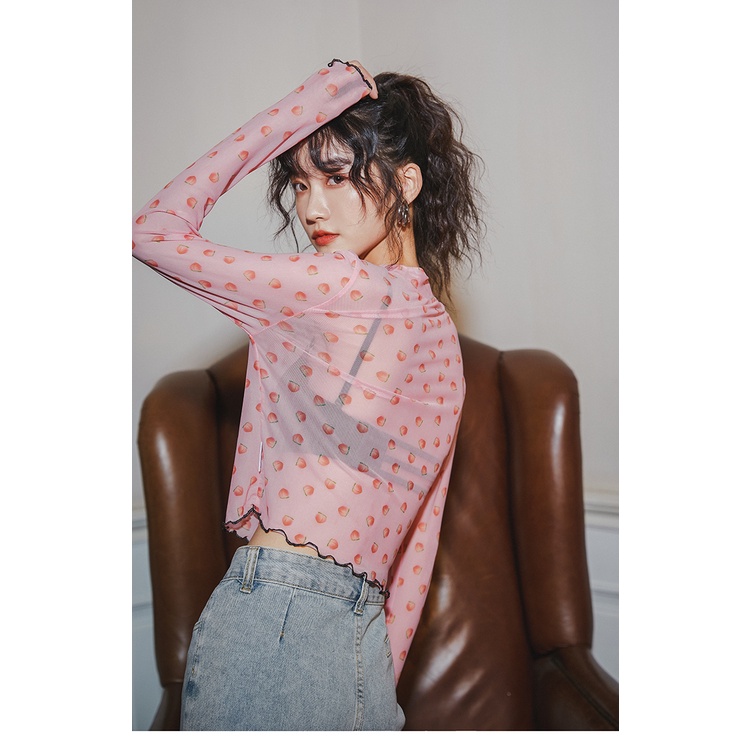 Áo lưới ren mỏng croptop in hình dâu tây thời trang cho nữ MS91