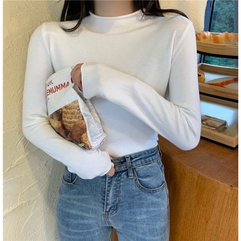 Áo Giữ Nhiệt New Korean Slim Bottoming Long-sleeved Half-high Collar Sweater Women