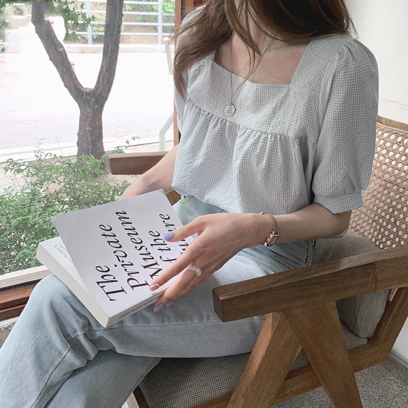 SUXI Áo Sơ Mi Tay Ngắn Họa Tiết Caro Thời Trang Dành Cho Nữ