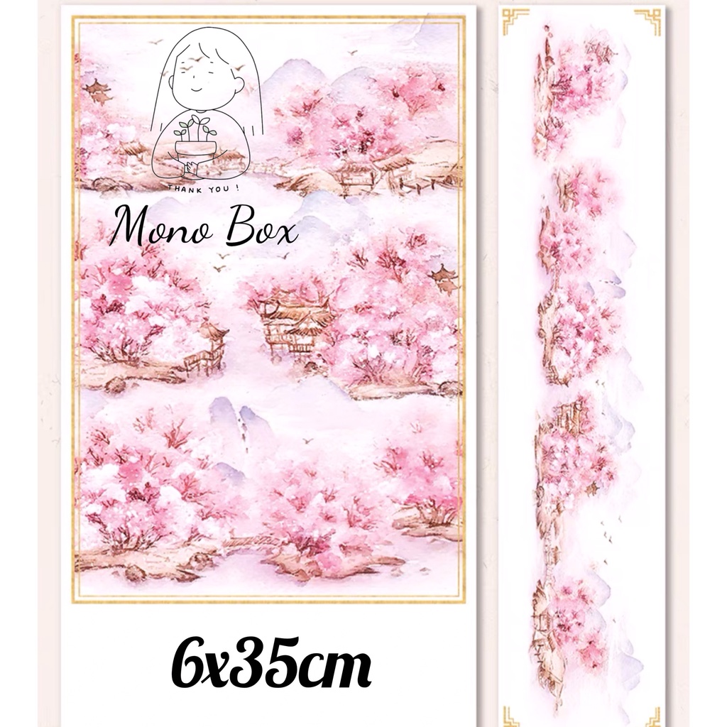 [Chiết] Washi tape 6x35cm chủ đề họa tiết hoa đào, băng dán trang trí làm tranh washi Mono_box