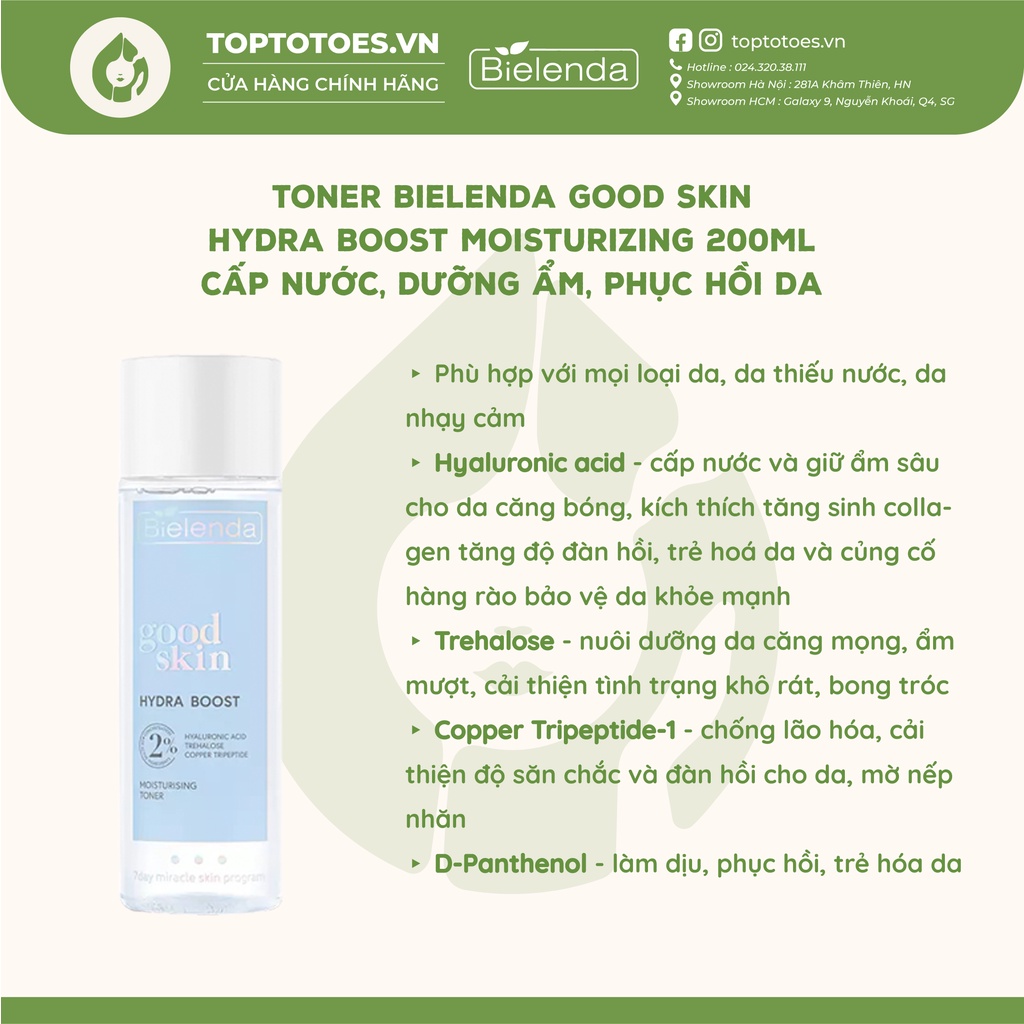 Toner Bielenda Good Skin cấp nước, dưỡng sáng, căng bóng và trẻ hóa da 200ml