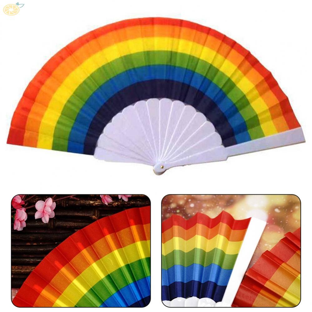【VARSTR】Rainbow Folding Fan Rainbow Print Hand Held Fan White Base Pride Fan Fold