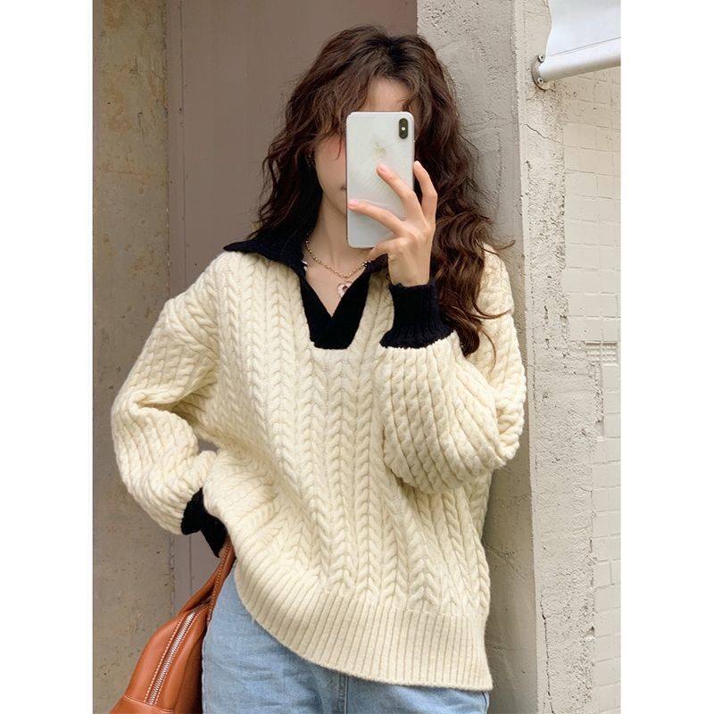 Áo Sweater Mềm Mại Dáng Rộng Dài Tay Phối Màu Tương Phản Kiểu Retro Thời Trang Thu Đông 2022 Cho Nữ