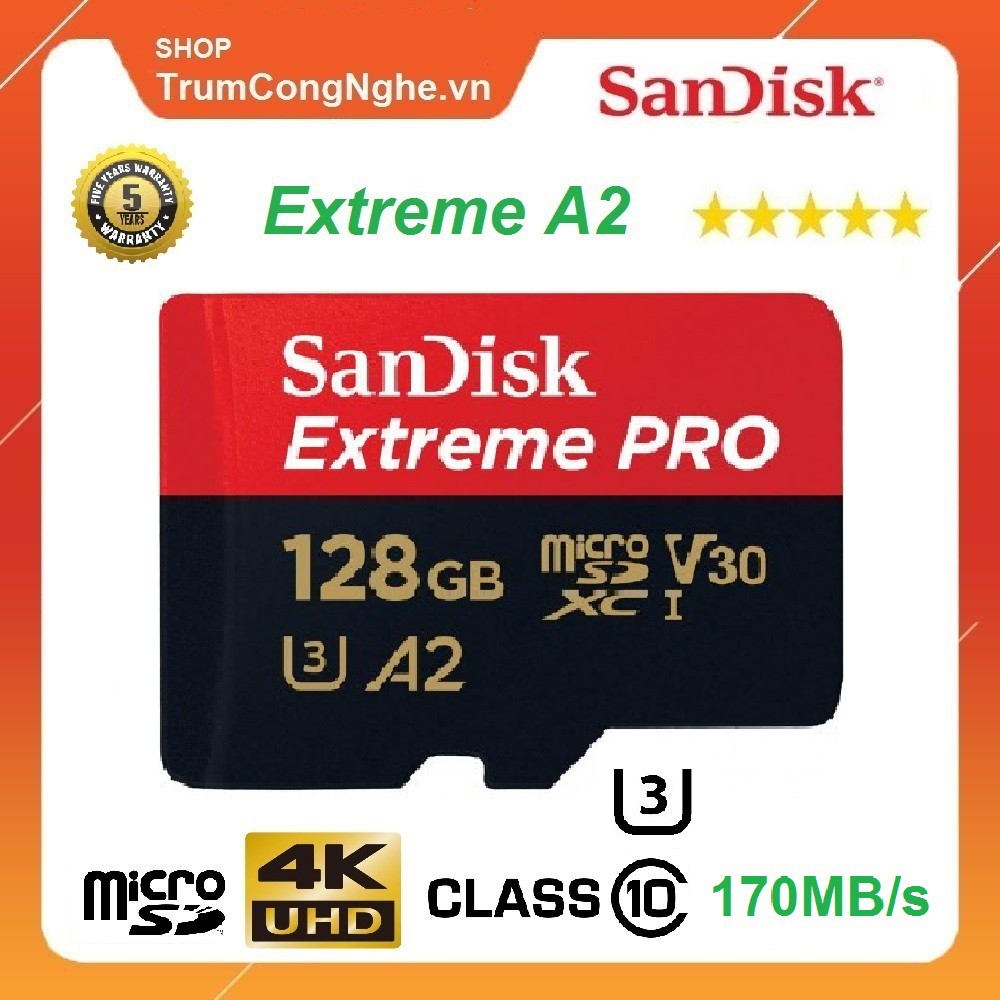 Thẻ Nhớ MicroSD SanDisk Extreme Pro A2 - 128GB V30 U3 Class 10 UHS-I 170MB/S Tốc Độ Siêu Cao