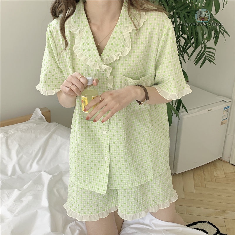 Set đồ ngủ tay ngắn họa tiết chấm bi phong cách Nhật Bản thời trang mùa hè đáng yêu dành cho nữ