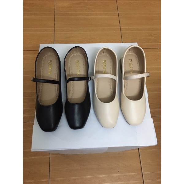 Giày bệt nữ búp bê đế bằng xinh đơn giản mũi tròn da mềm nhẹ nhàng màu đen/kem đi chơi đi học cài quai ngang rẻ