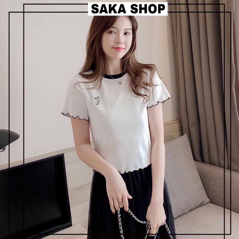 Áo thun nữ ngắn tay cuốn biên phối cổ màu crop thêu hình nhiều màu