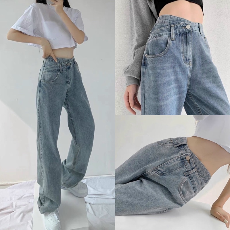 [Ảnh thật/Video] Quần bò jeans cạp khuy lệch ống suông Quần Ống Rộng Nữ 1 Cúc Cạp Chéo Ulzzang