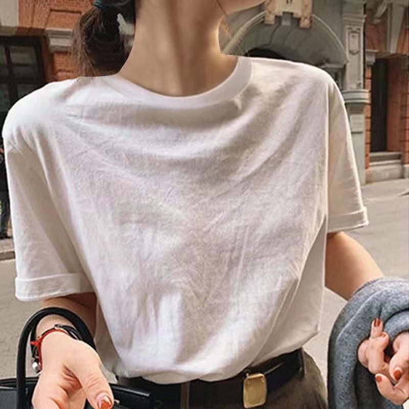 Áo thun 100% cotton ngắn tay dáng rộng phong cách Hàn Quốc cho nữ
