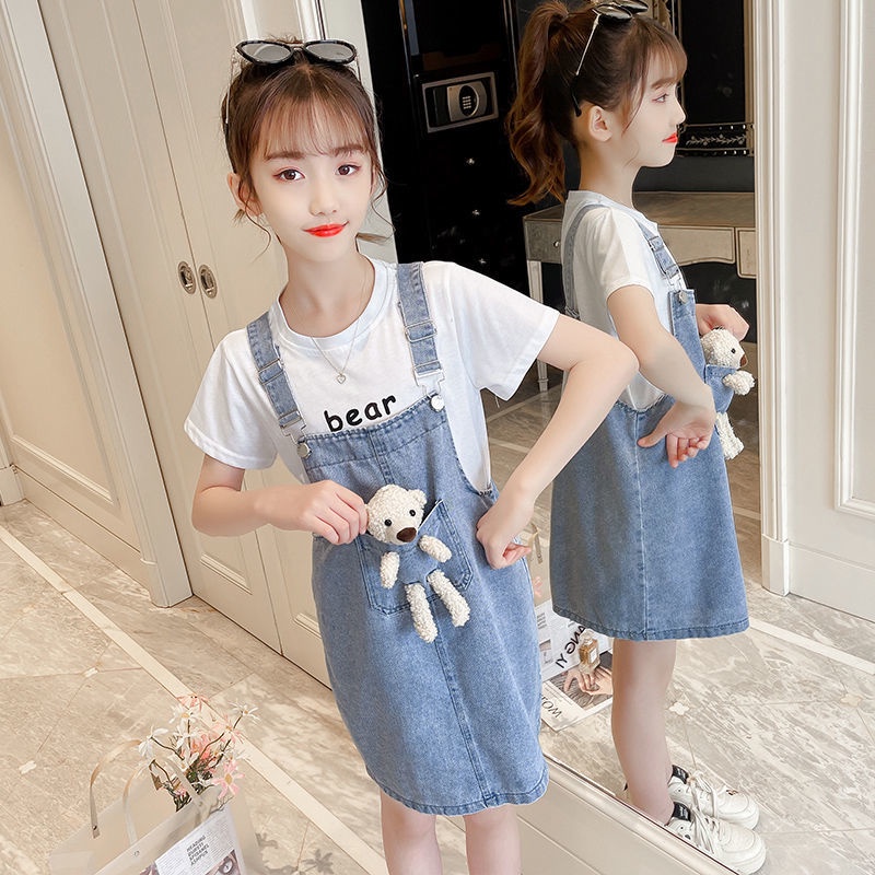 Bộ Trang Phục Hai Mảnh Áo Thun Tay Ngắn Và Váy Yếm Denim Thời Trang Hàn Quốc Mùa Hè Hình Gấu Công Chúa Dành Cho Bé Gái 2022
