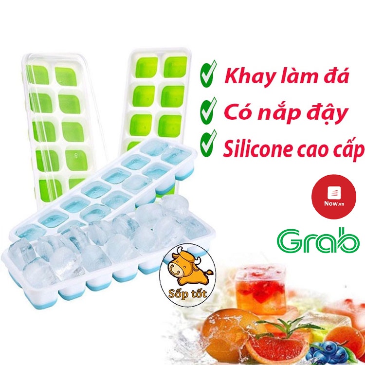 Khay làm đá đế silicon, 14 viên, có nắp đậy, làm đá thạch kem dễ dàng, đảm bảo vệ sinh GD170