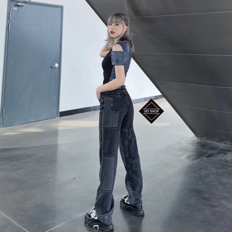 Quần jean kẻ ô phối màu đậm nhạt