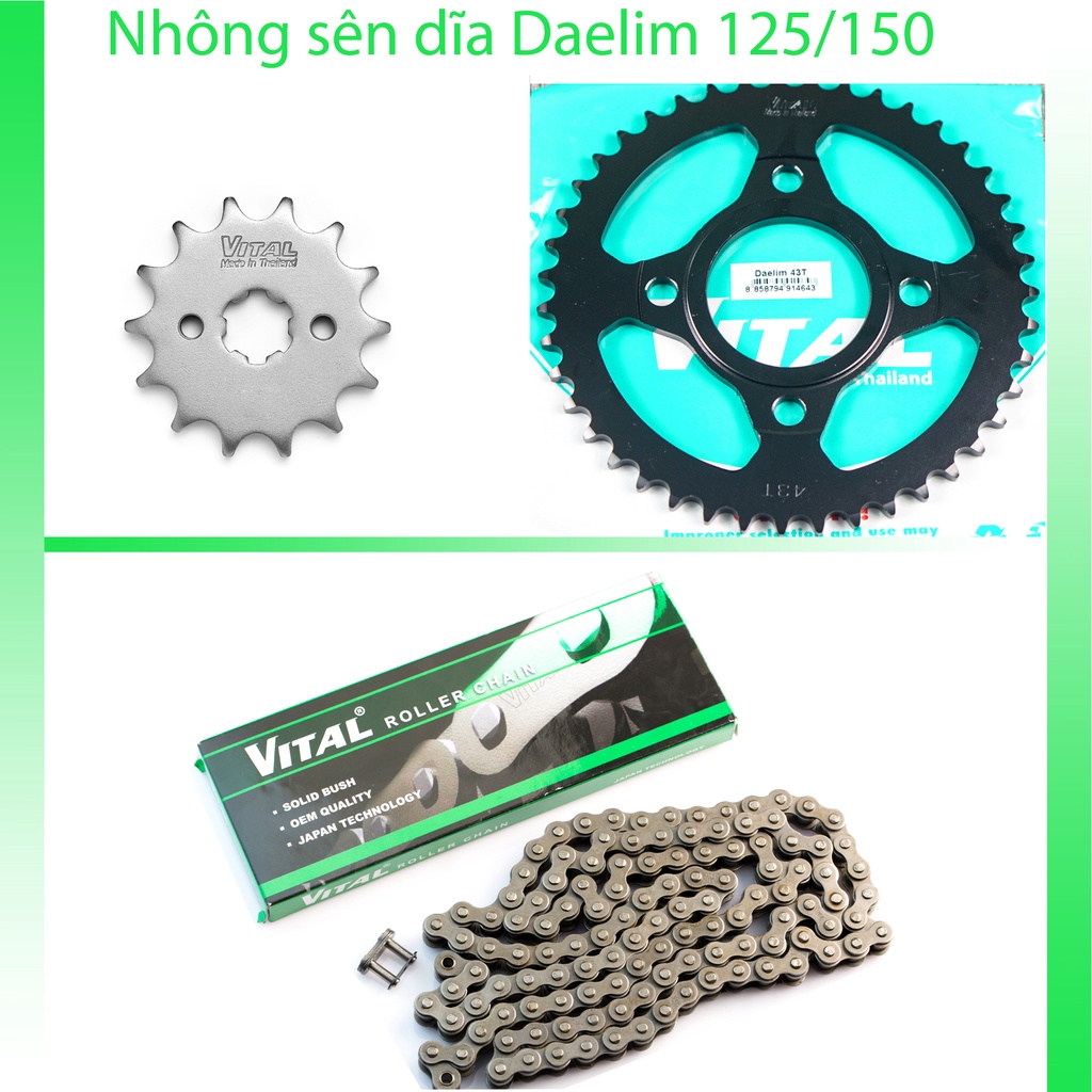 Nhông sên dĩa Daelim 125, Daelim 250 sên 9 ly hiệu VITAL- NSD, xích đĩa tải chính hãng Thái Lan