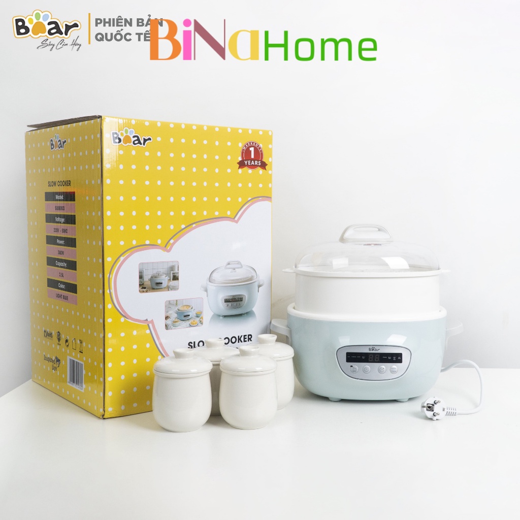 Nồi Nấu Chậm 0.8L Bear DDZ-C25E1 nấu cháo, chưng yến kèm xửng hấp đa năng BINAHOME