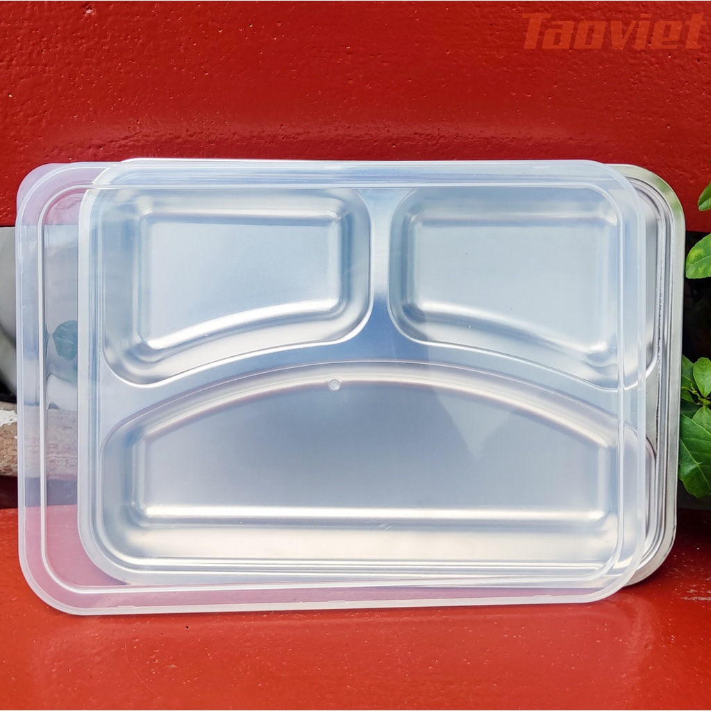 Khay Cơm Phần cỡ 24*17CM 3 ngăn cỡ nhỏ tiểu học hình chữ nhật bằng Inox 201 Inox 304 Cao Cấp