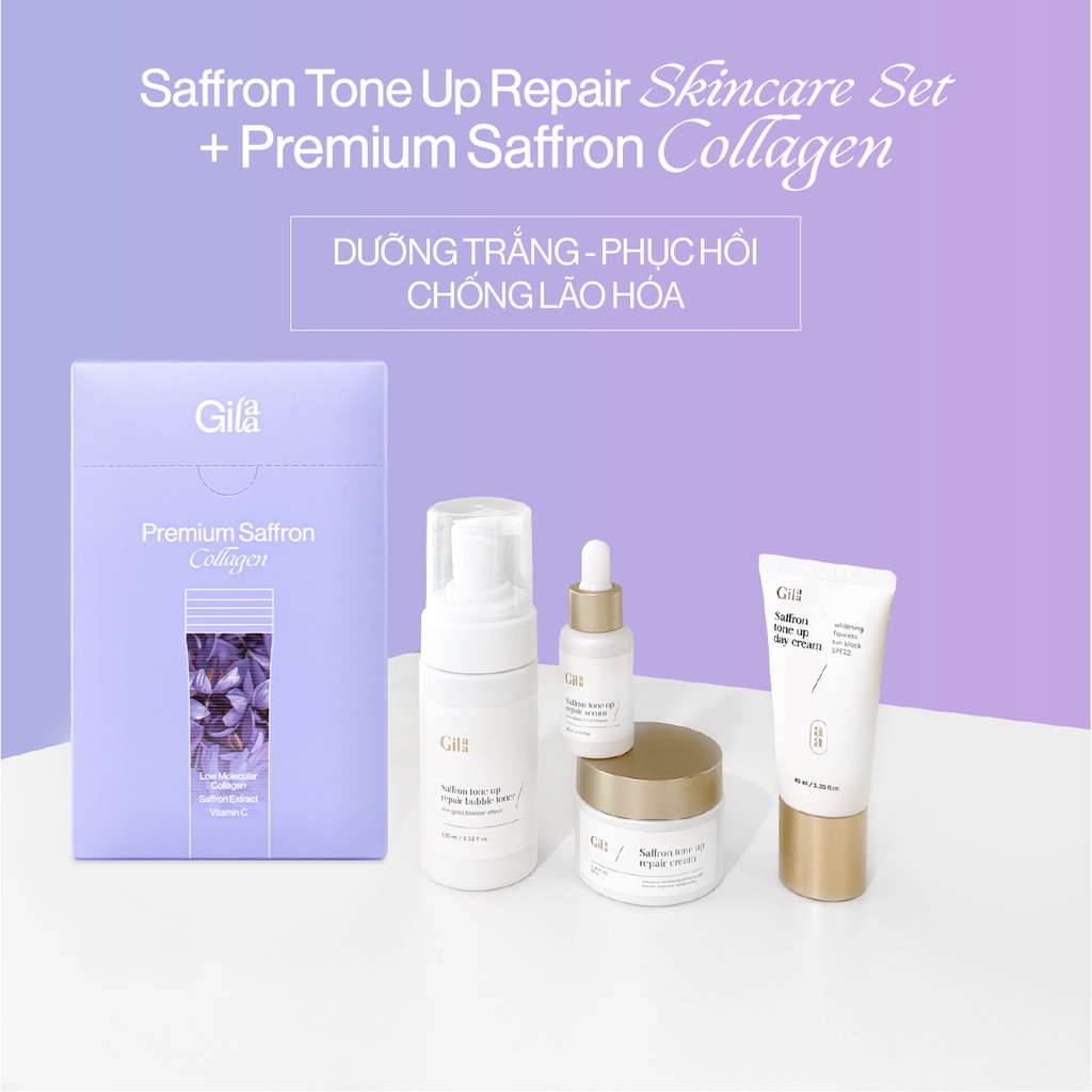 Bộ 5 sản phẩm Dưỡng Trắng Gilaa Saffron gồm Toner + Serum + Repair Cream + Day cream + Collagen Saffron