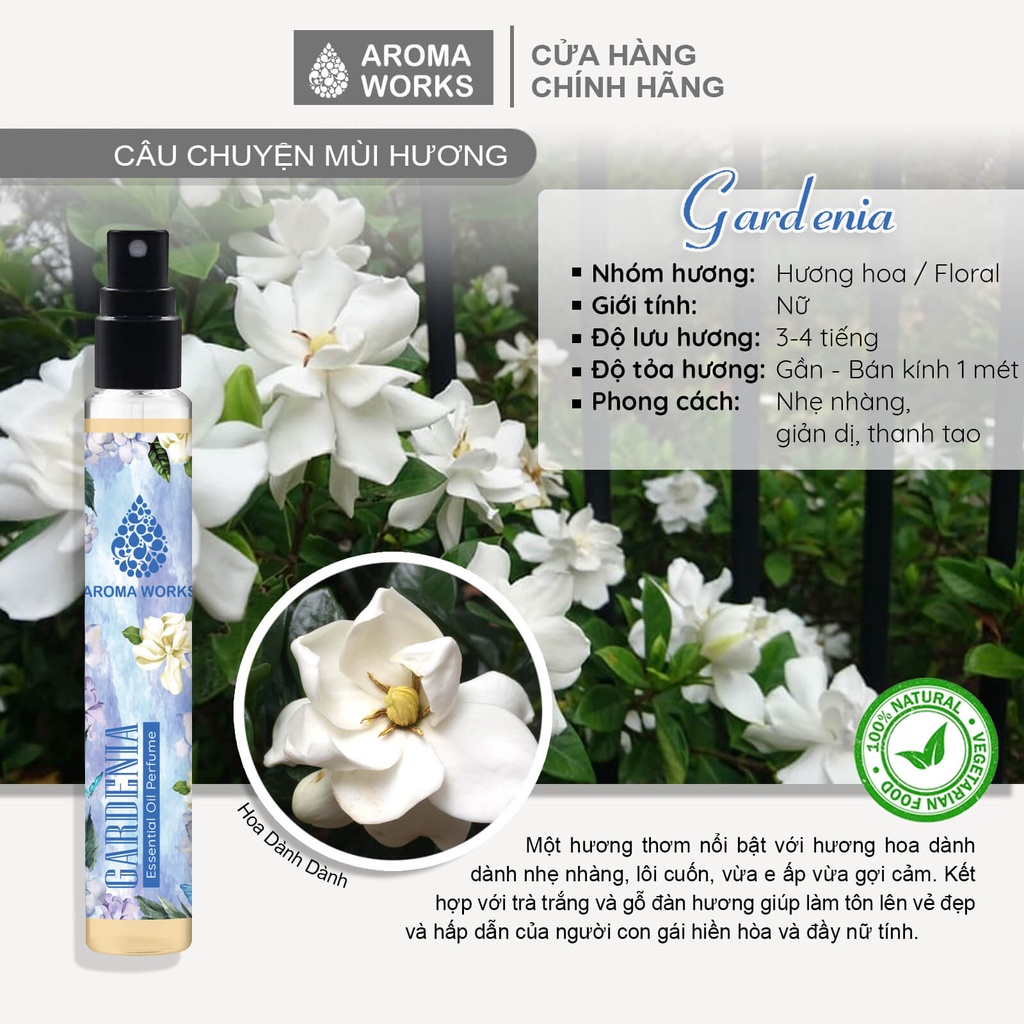 Tinh dầu nước hoa không cồn, lưu hương lâu Aroma Works Gardenia Essential Oil Perfume 10ml