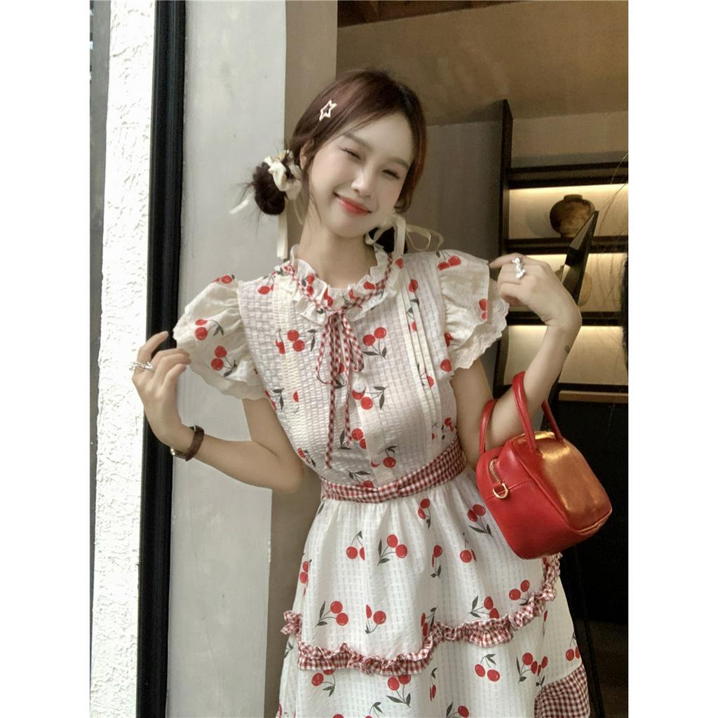 Đầm Không Tay Cổ Tròn Dáng Ôm In Họa Tiết Cherry Đính Nơ Phong Cách Hàn Quốc Quyến Rũ Cho Nữ