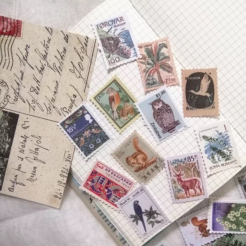 Set 46 sticker tem cổ điển tặng kèm postcard nhiều chủ đề dùng trang trí sổ bullet journal - ginandtonic
