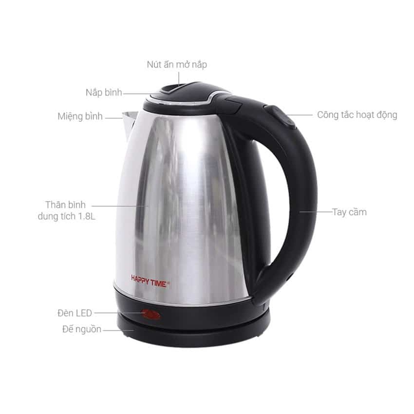 Ấm siêu tốc Happy time 1,8l Bình đun siêu tốc inox cách nhiệt HTD1081