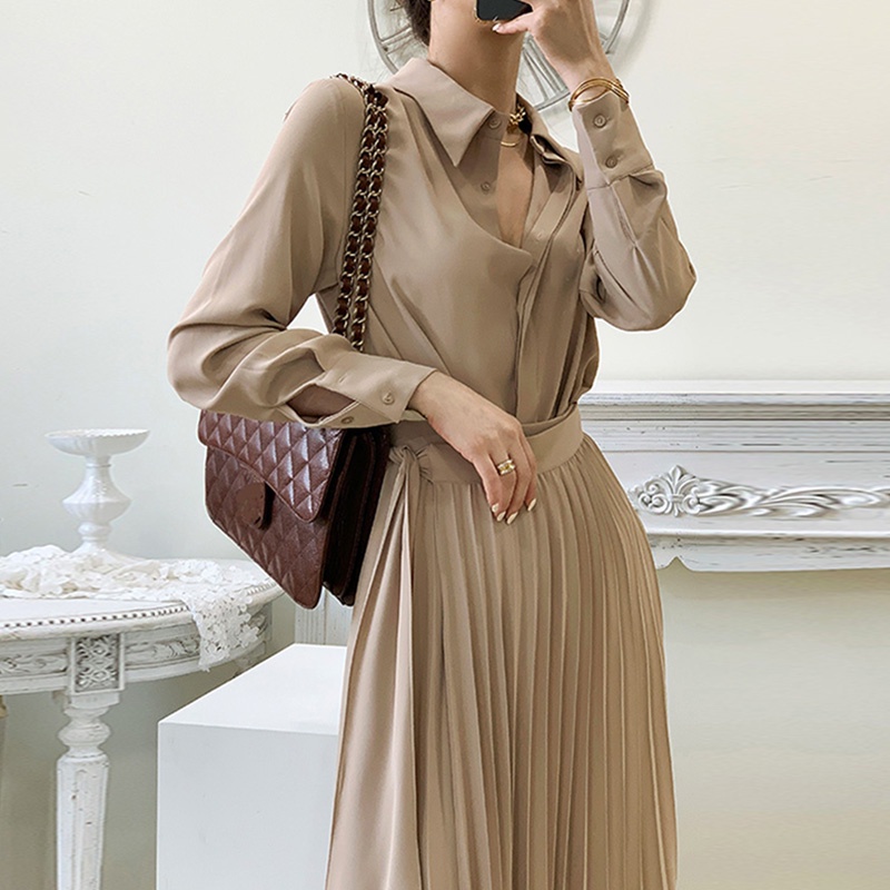 Đầm sơ mi thắt eo dài tay chân váy xếp li nhỏ phong cách vintage công sở