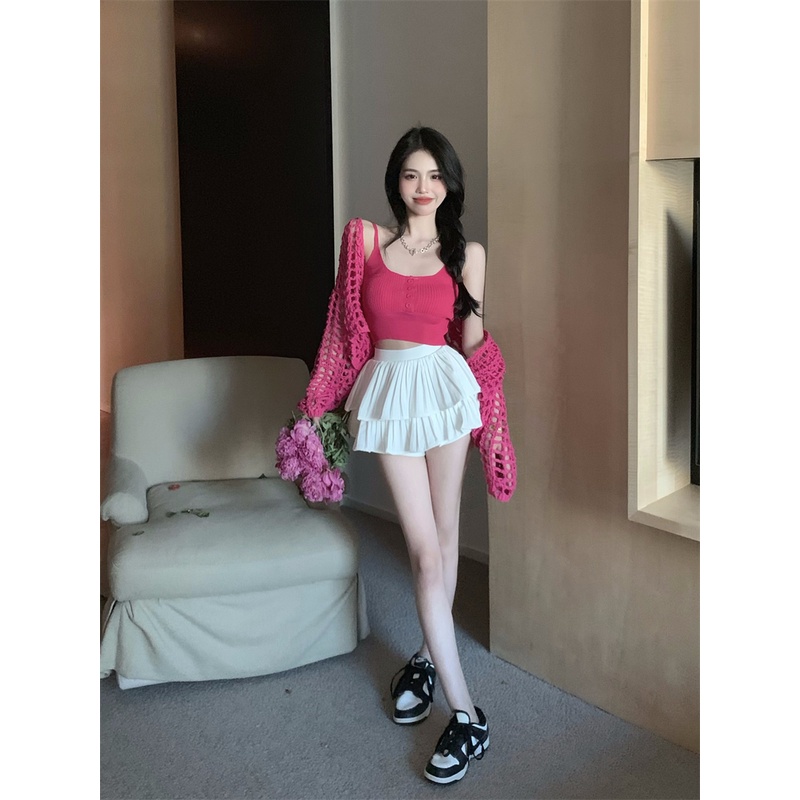 Set áo 2 dây croptop ôm body tôn dáng hở vai sexy nút + áo khoác len lưới tay dài cardigan mùa hè trắng đen hồng ulzzang