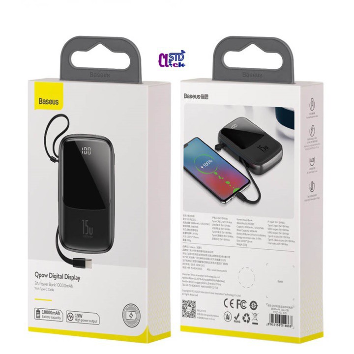 PIN SẠC DỰ PHÒNG BASEUS QPOW DIGITAL DISPLAY 3A 10.000MAH KÈM CÁP IPHONE CHÍNH HÃNG [NEW 100%]