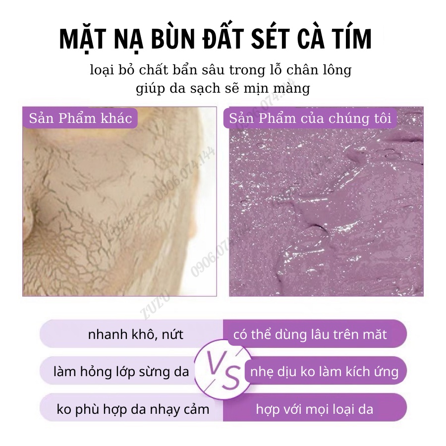 Mặt Nạ Bùn Đất Sét Trà Xanh, Cà Tím, Bùn Khoáng Núi Lửa Làm Sạch Sợi Bã Nhờn Và Thu Nhỏ Lỗ Chân Lông Hút Dầu Thừa