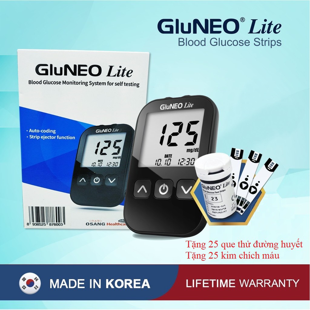 Máy Đo Đường Huyết GluNEO Lite - Tặng kèm 25 que thử đường huyết, 25 kim chích máu