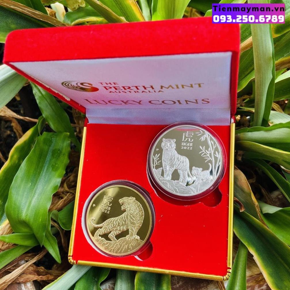Combo tiền xu con Hổ vàng bạc + tặng kèm hộp nhung đỏ sang chảnh, Quà Tết 2022