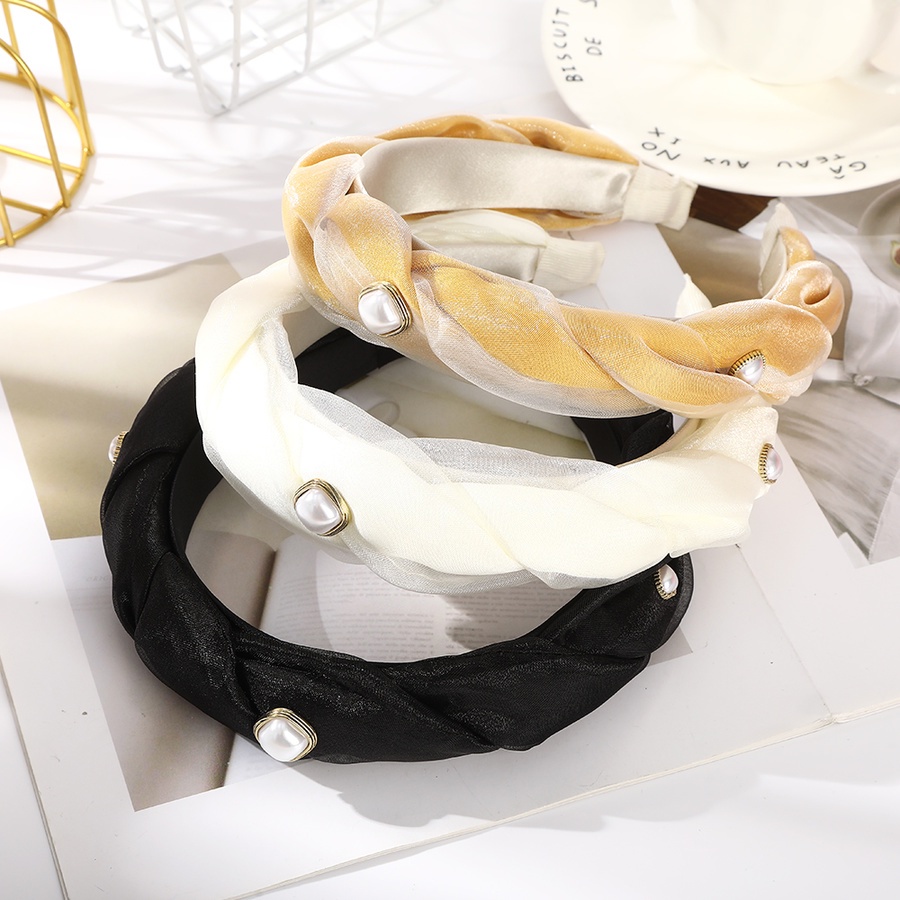 Băng Đô Cài Tóc Bản Rộng Dạng Lưới Thắt Nút Đính Ngọc Trai Phong Cách Hàn Quốc Cho Nữ