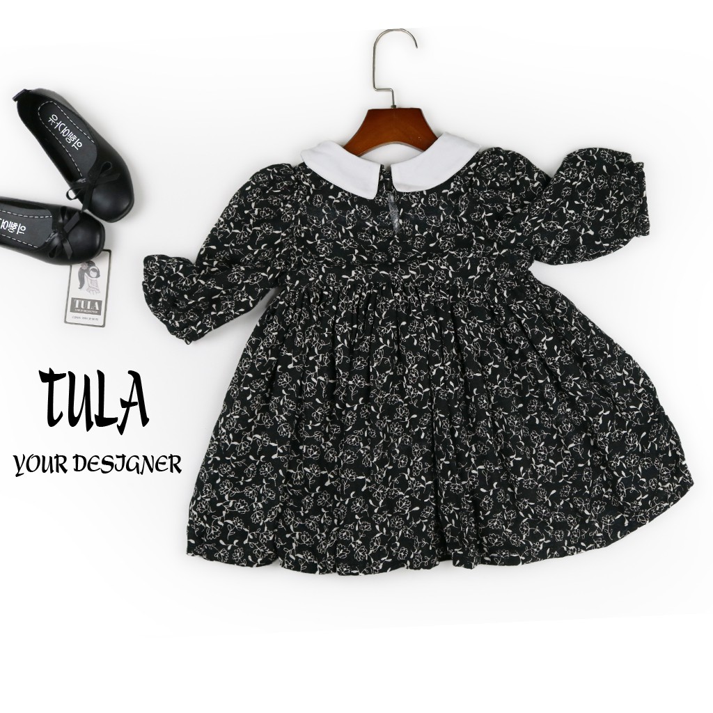 Váy Đầm Bé Gái Bồng Xòe Cổ Trắng Vải Xô 2 Lớp Hàn Quốc