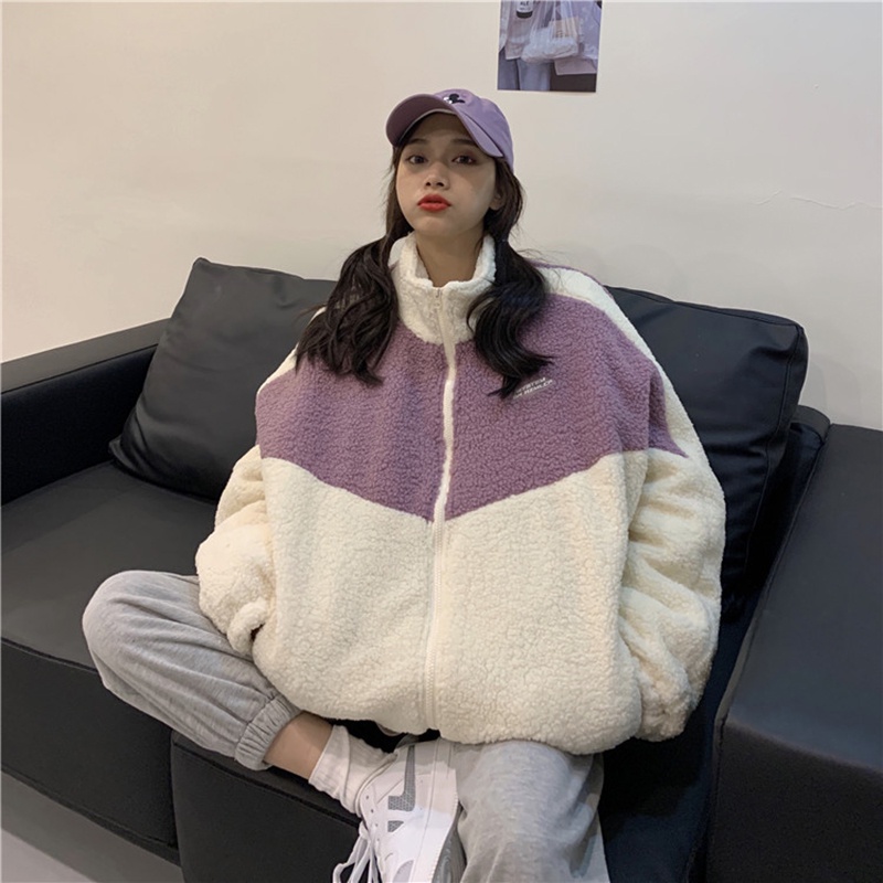 Áo khoác giả lông cừu dáng rộng phối khóa kéo màu tương phản phong cách Hàn Quốc cho nữ