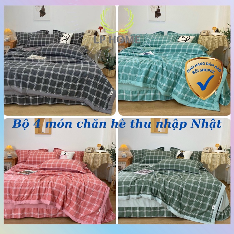 [Chăn trần bông] Bộ 4 món Chăn ga gối đũi Mu.ji mềm mịn cao cấp nhập khẩu họa tiết kẻ - Chăn hè thu