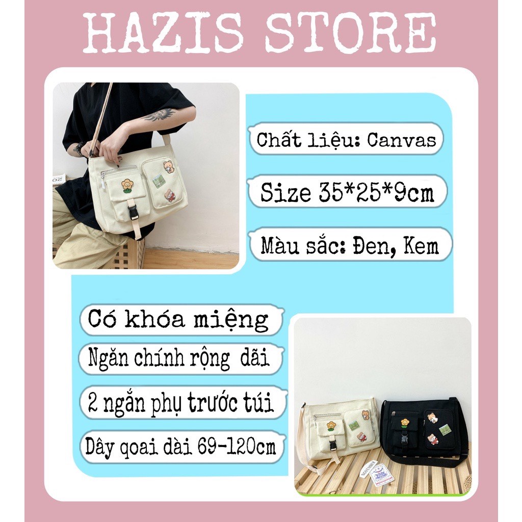 Túi tote vải đeo chéo canvas đi học đi chơi vừa khổ a4 thời trang hazin