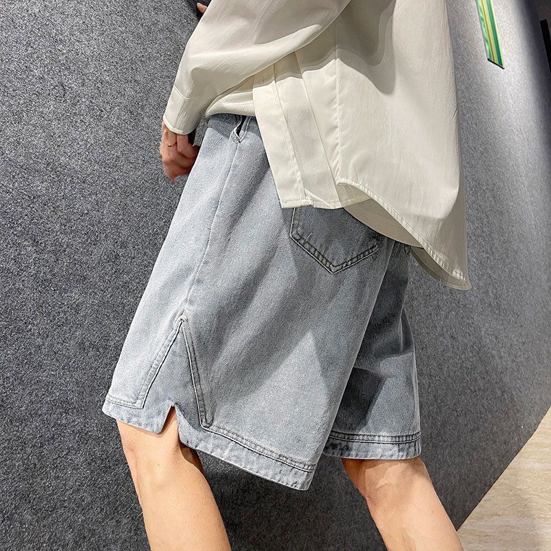 Quần Short Denim Dáng Rộng Lưng Thun Co Giãn Tốt Thiết Kế Xẻ Tà Thời Trang Mùa Hè Cho Nam